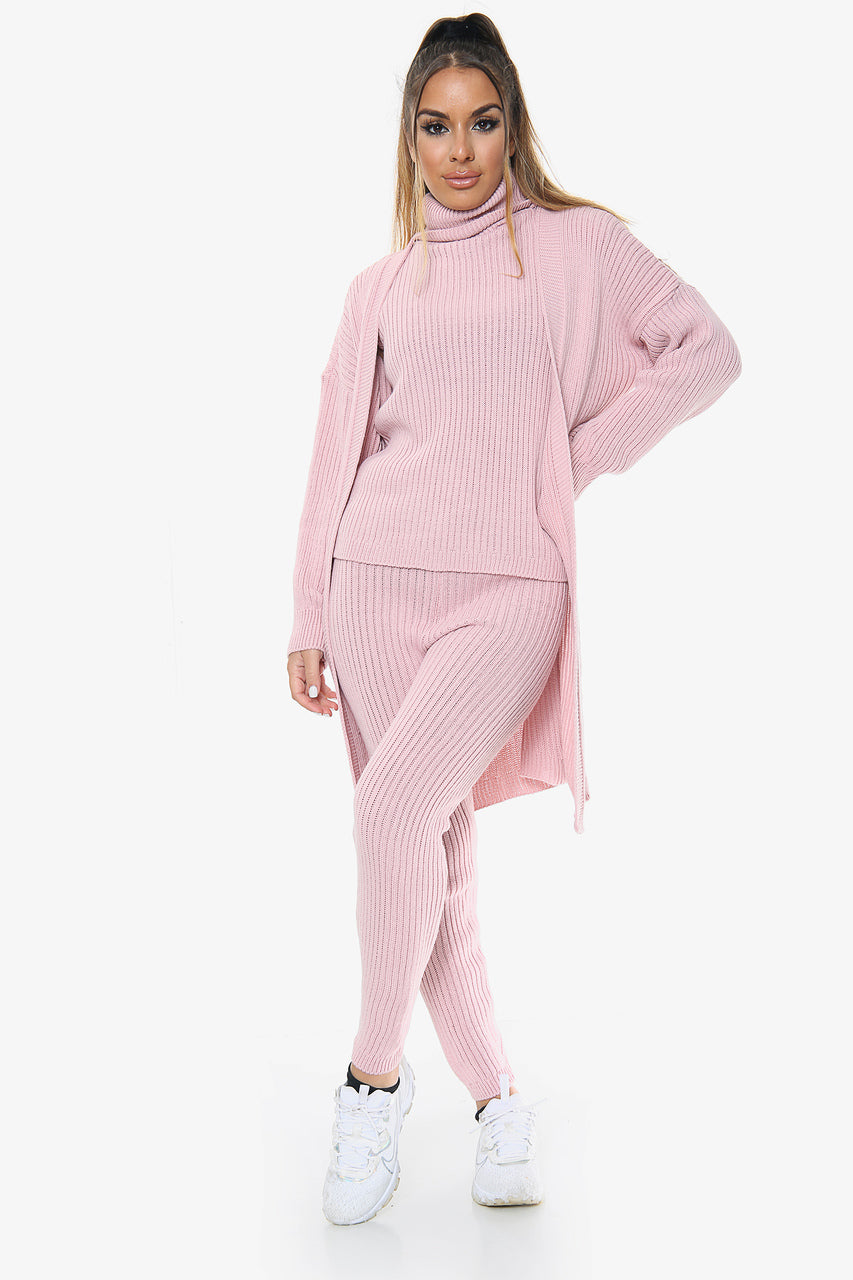 Pink 3 Piece Knitted Cardigan Loungewear Set