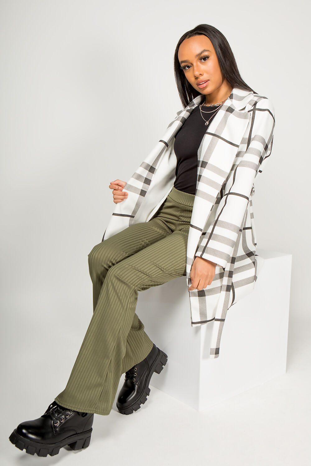 White Check Belted Duster Coat