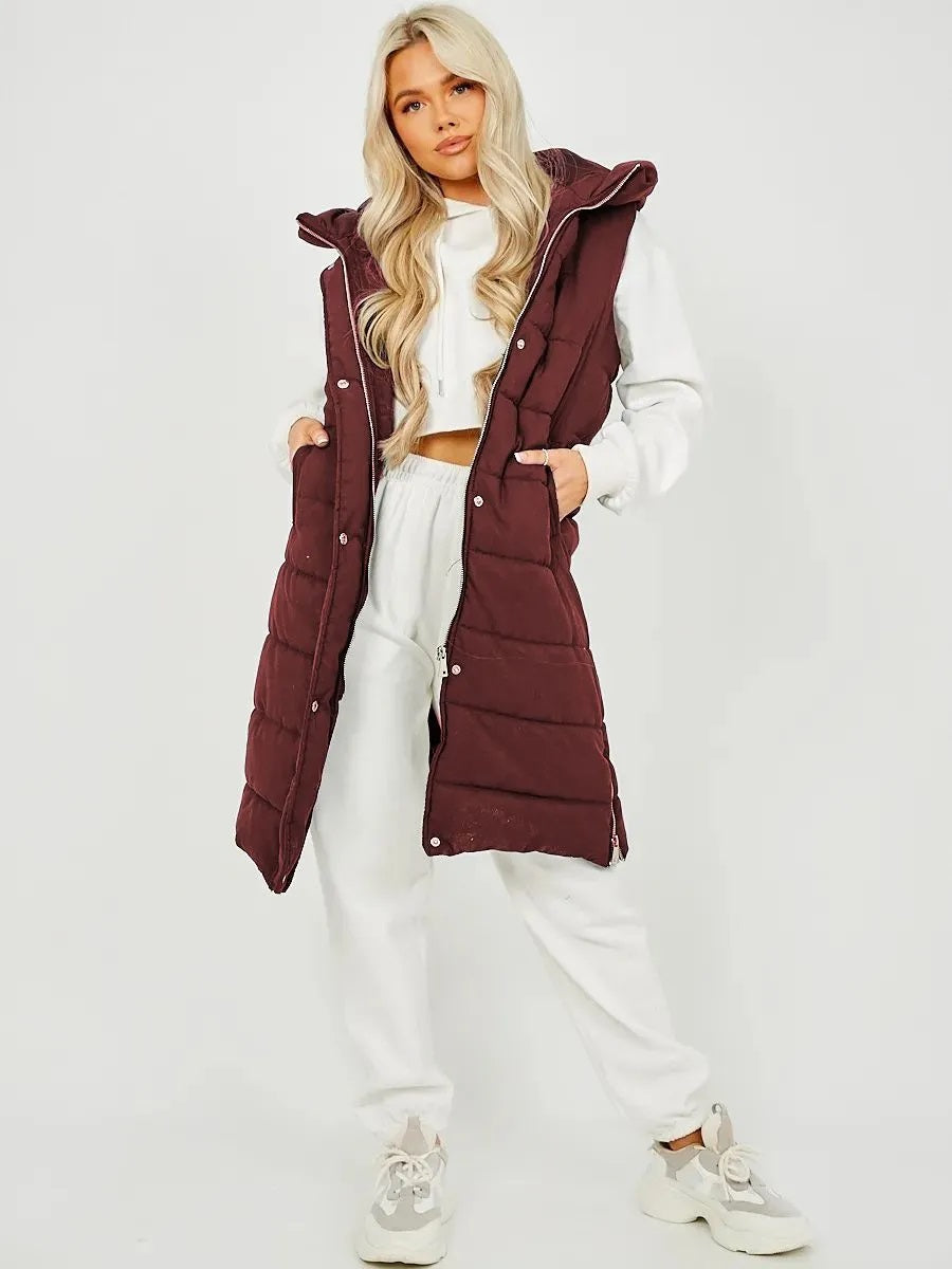 WIne Longline Padded Hooded Gilet