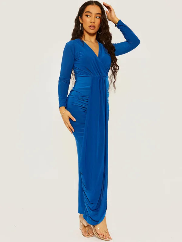 Royal Blue Plunge Neck Slinky Draped Maxi Dress