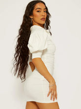 Load image into Gallery viewer, White Puff Sleeve Collared Bodycon Dress
