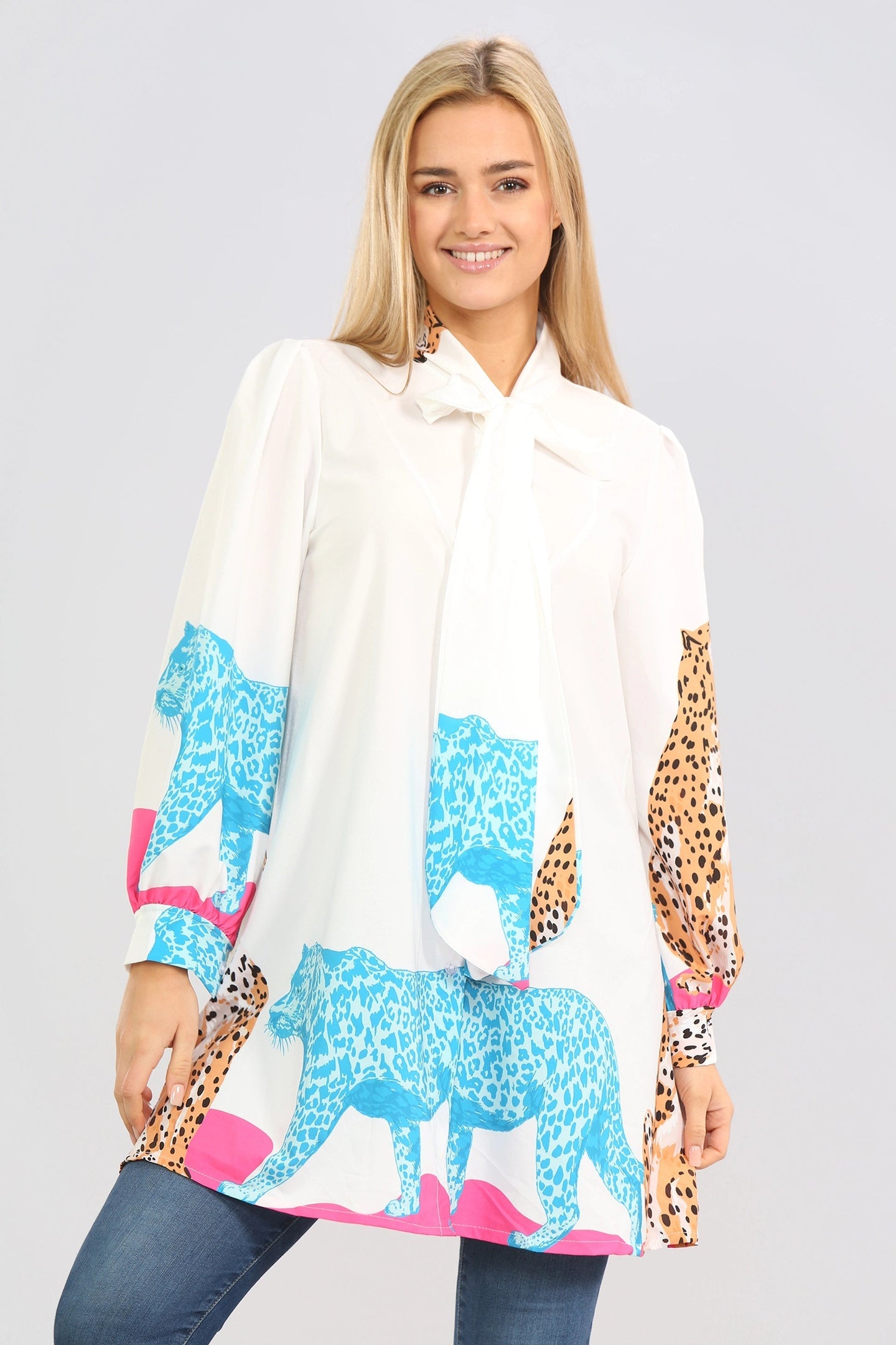 White Pussy Bow Printed Long Blouse