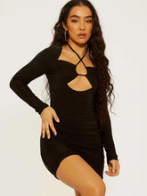 Load image into Gallery viewer, Peach Criss Cross Neck Slinky Bodycon Dress with Cutout Detail
